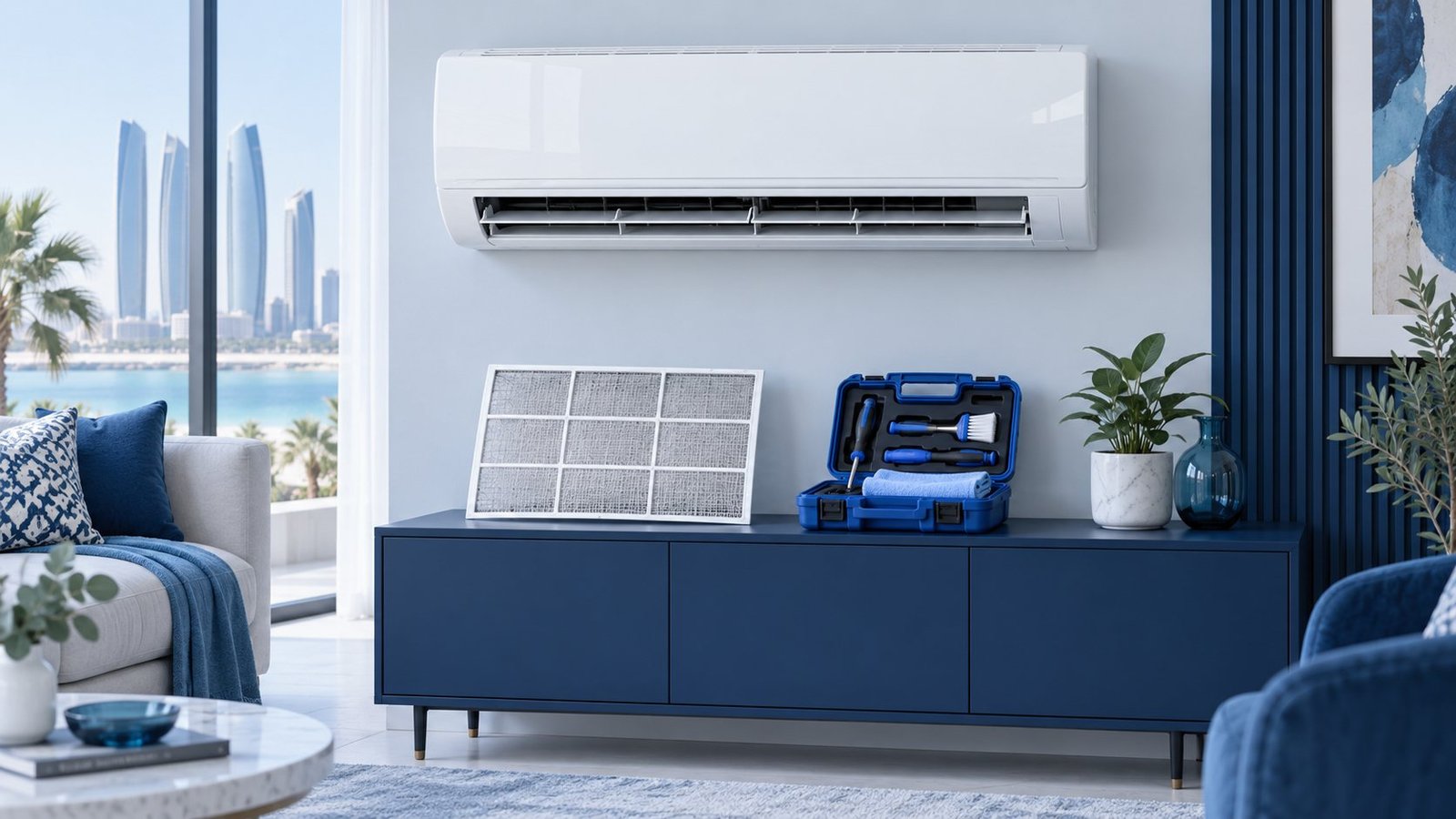 Illustration of a split air conditioner, removable filter and maintenance tools