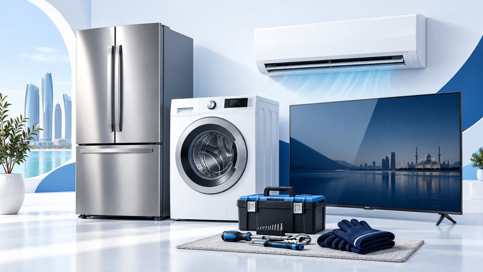 Illustration of a refrigerator, washing machine, air conditioner and television with maintenance tools