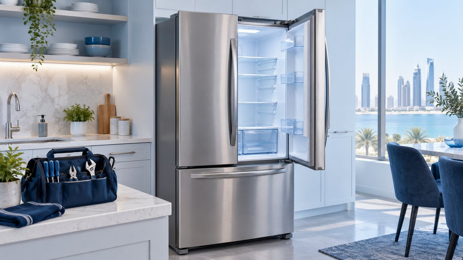 Illustration of a refrigerator and maintenance tools in a modern kitchen