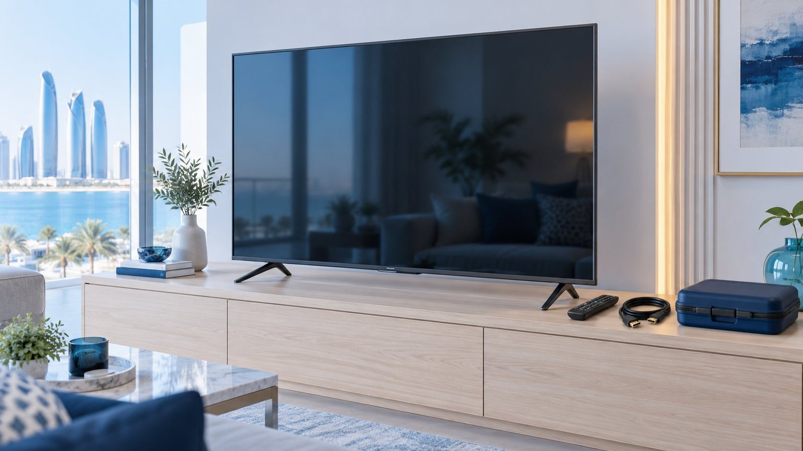 Illustration of a television with diagnostic accessories and a service toolkit