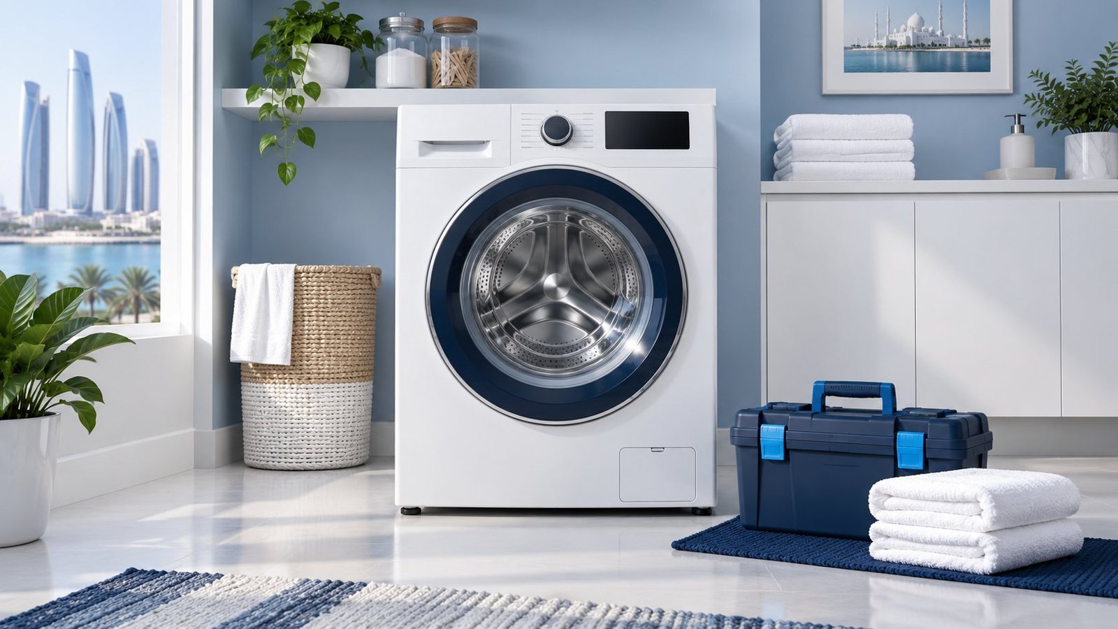 Illustration of a front-loading washing machine with a maintenance toolkit